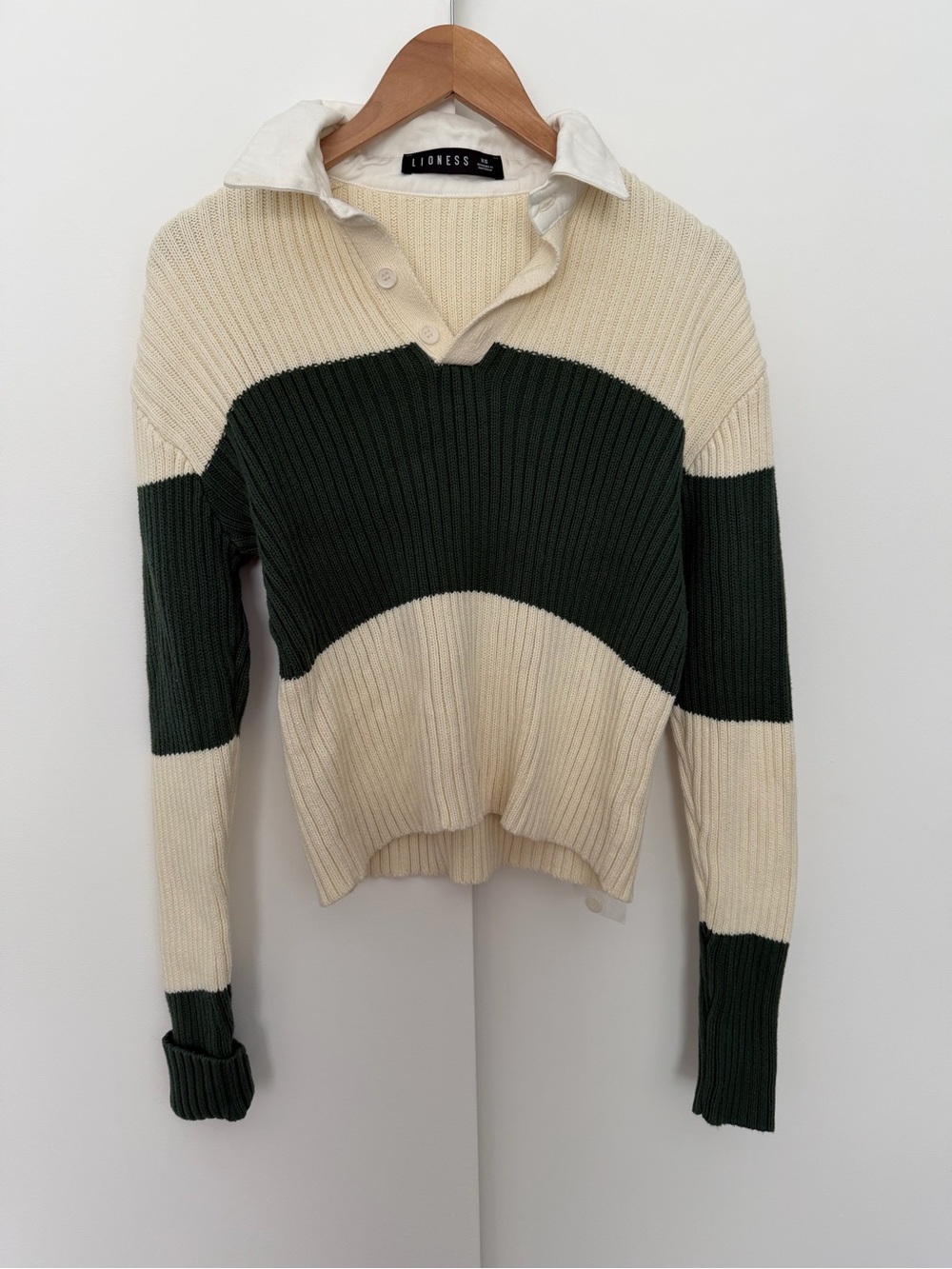 Lioness Prince Rugby Sweater Top in Moss Stripe Green White Collared XS - Picture 9 of 10